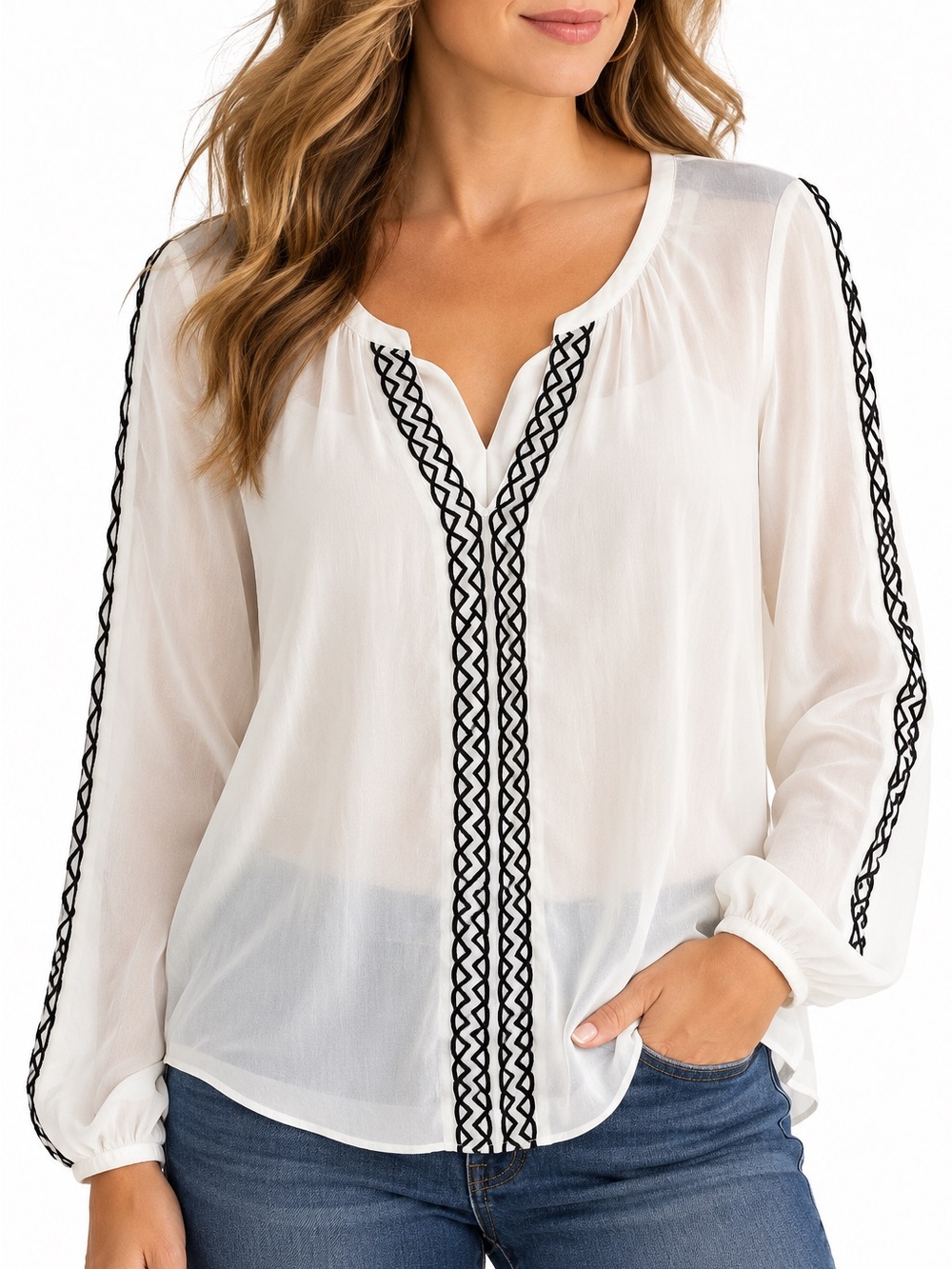White House Black Market White & Black Trim Blouse Size 14